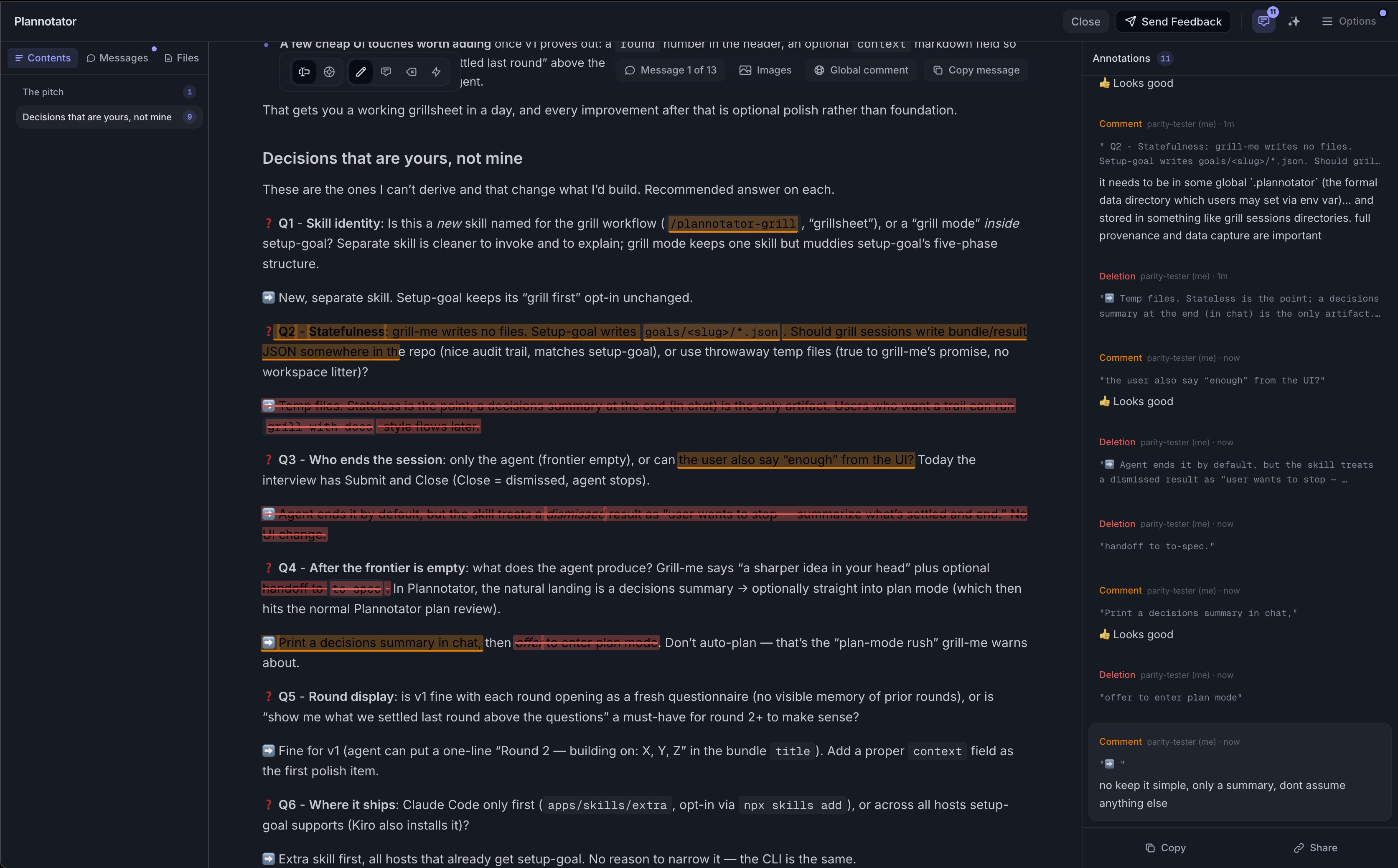 Plannotator, an interactive UI for the grill-me skill: a round of questions annotated in the browser with highlights, strikethroughs, and comments