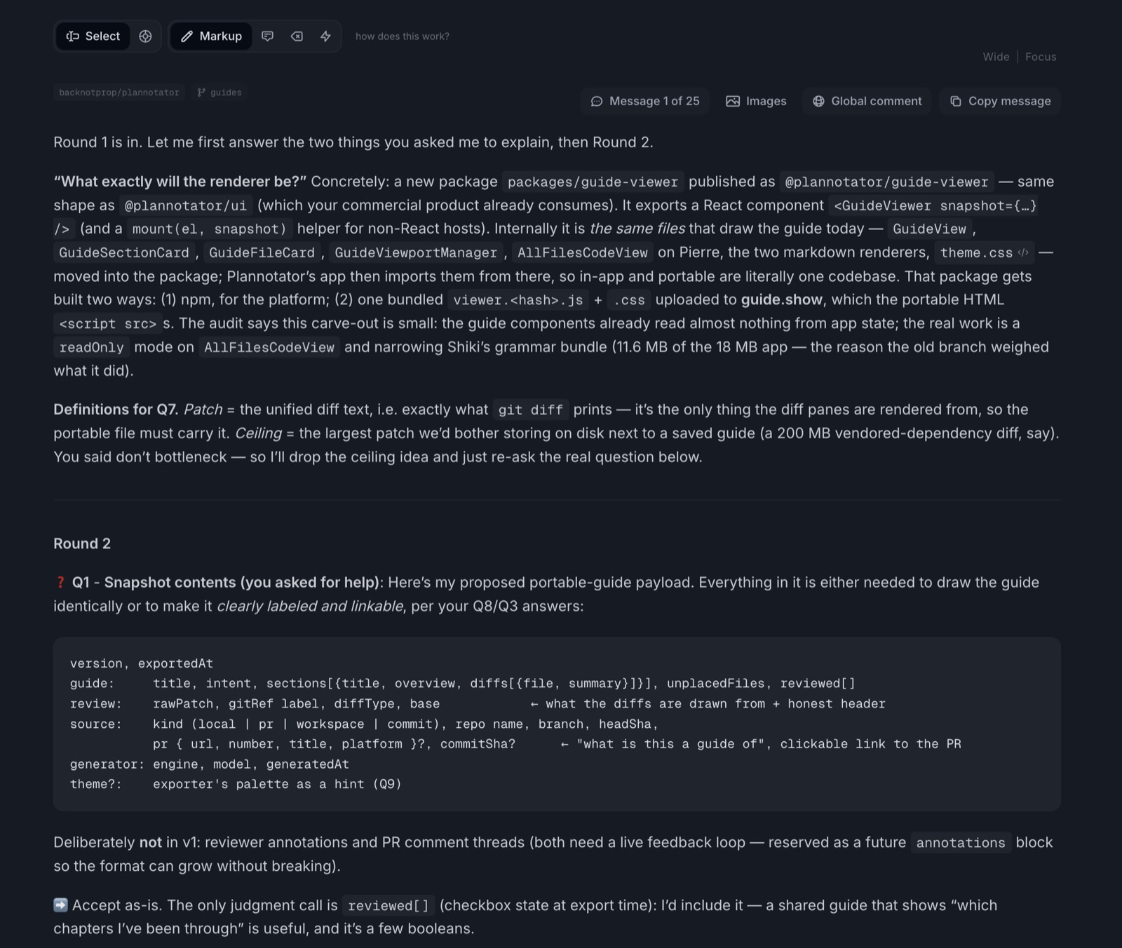 Round two of a grill-me session in the Plannotator UI: the agent’s answers and clarifications from the previous round, annotated again