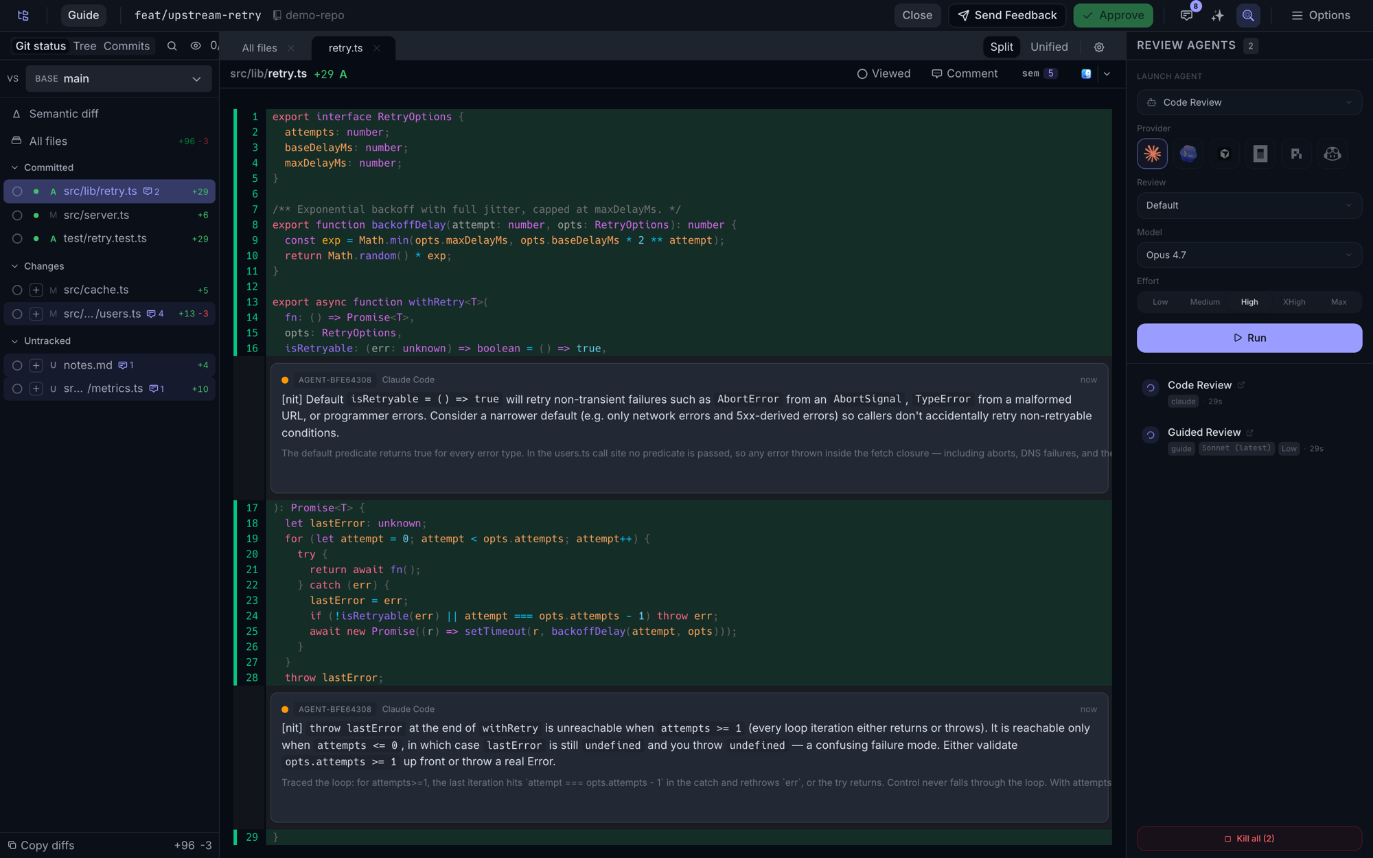 The review agents tab with engine choices and agent findings in the annotations sidebar