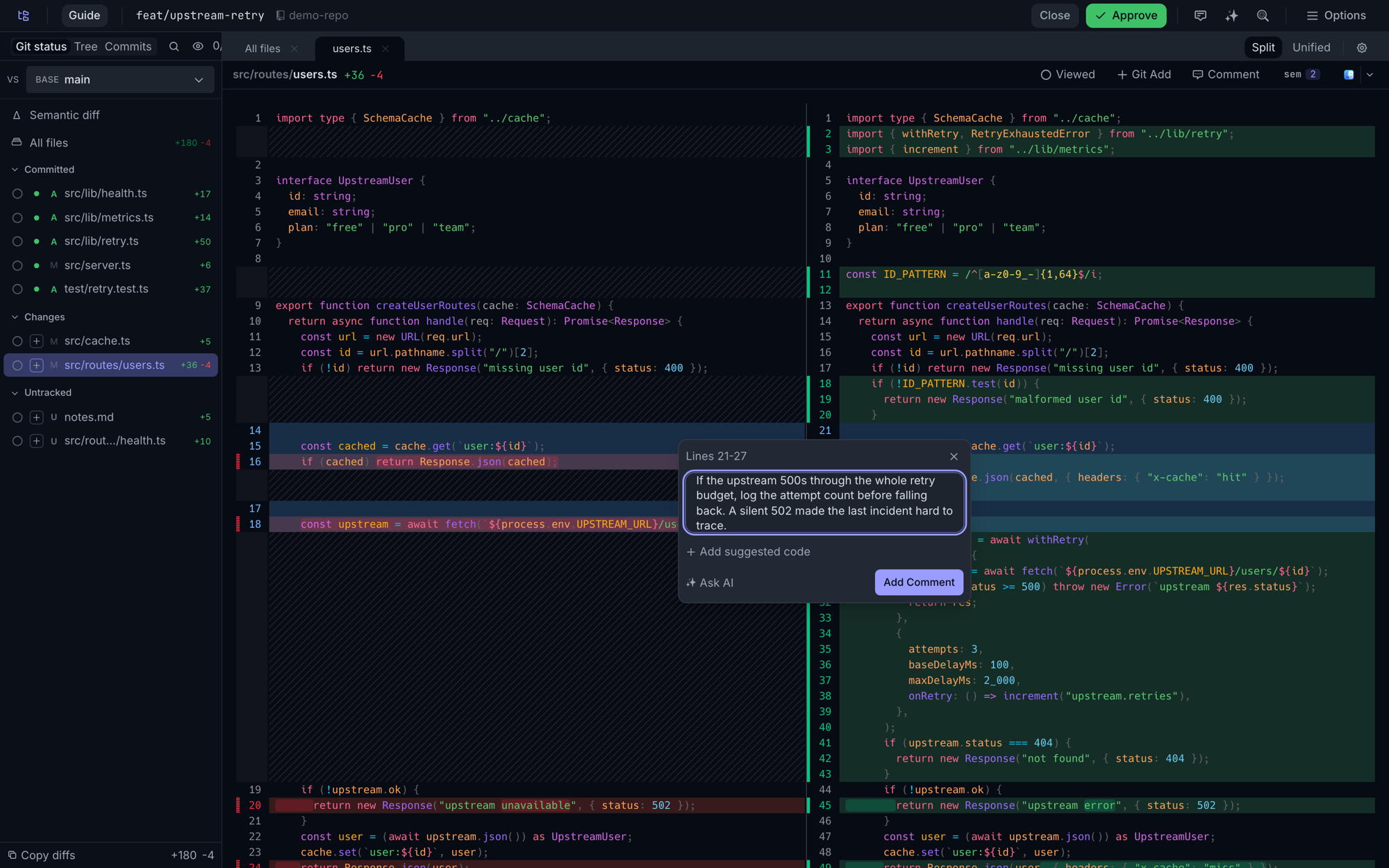 A selected diff range with a comment popover and a suggested-code block