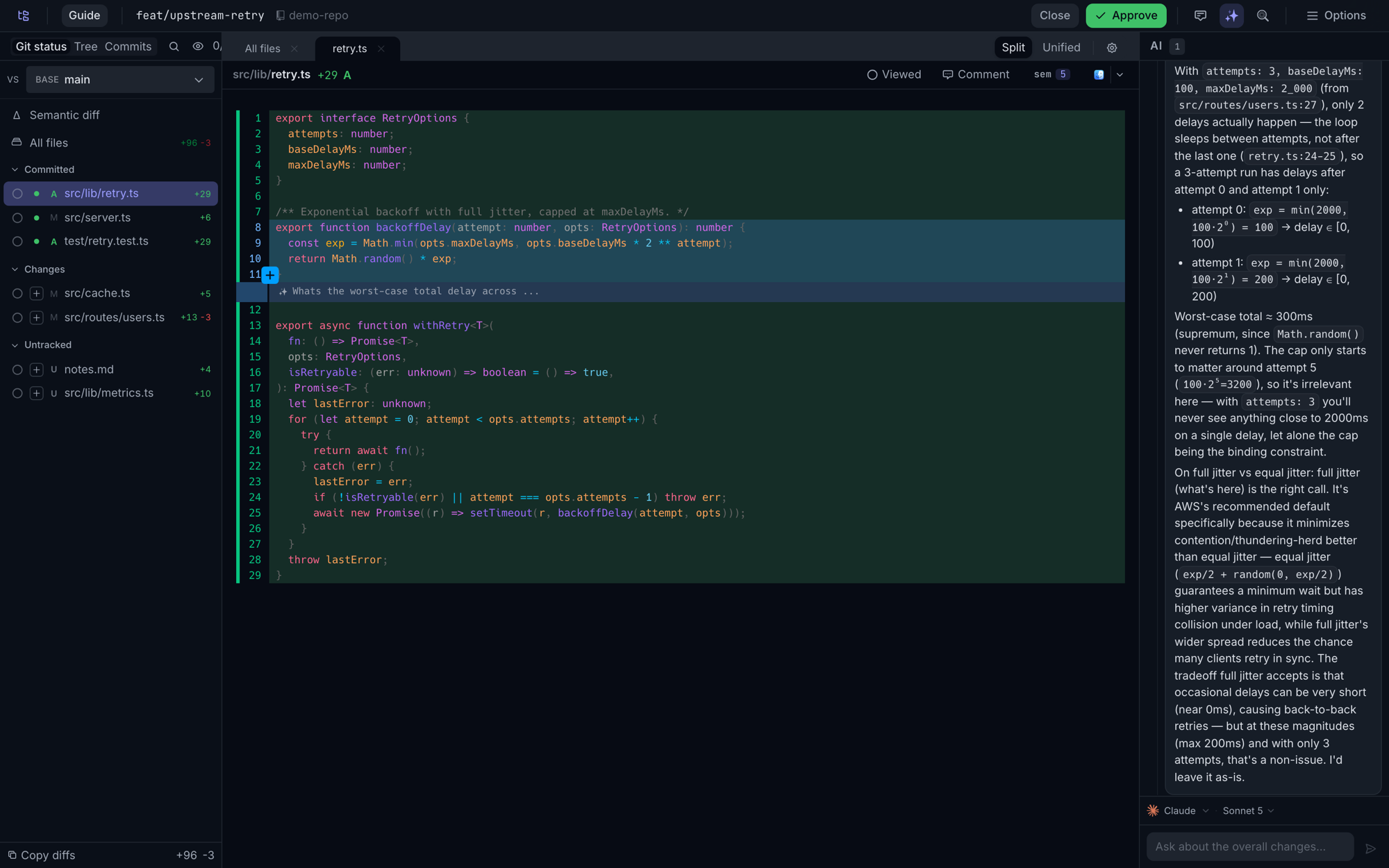 Selected diff lines with an Ask AI answer streaming into the side panel