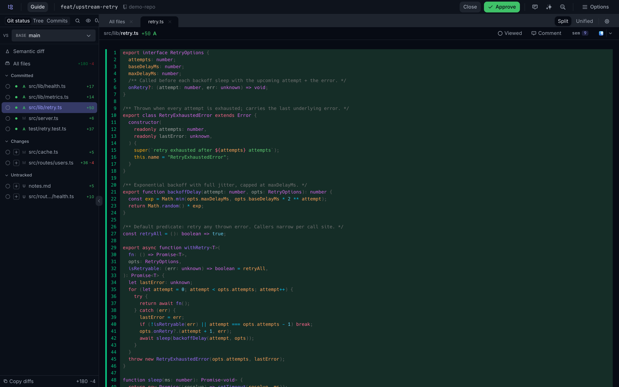 The git status panel showing Committed, Changes, and Untracked sections beside an open diff