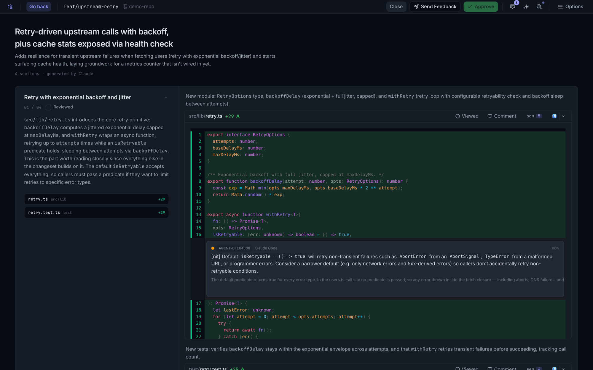 A guided review section: prose overview on the left, live annotatable diff on the right