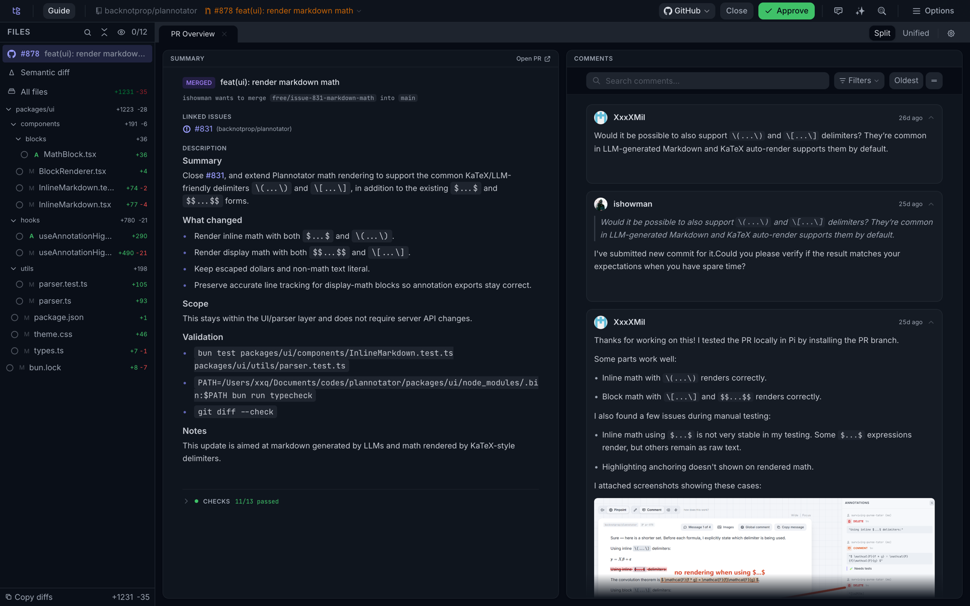 The PR overview panel with description, checks, and annotatable comments