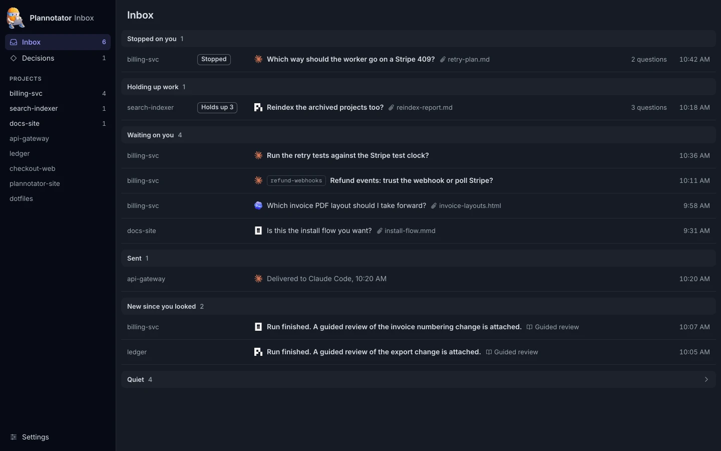 The Inbox list with threads grouped by what each one needs