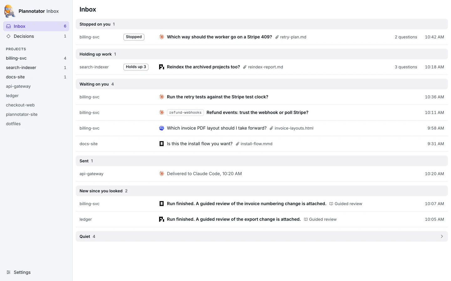 The Inbox list with threads grouped by what each one needs