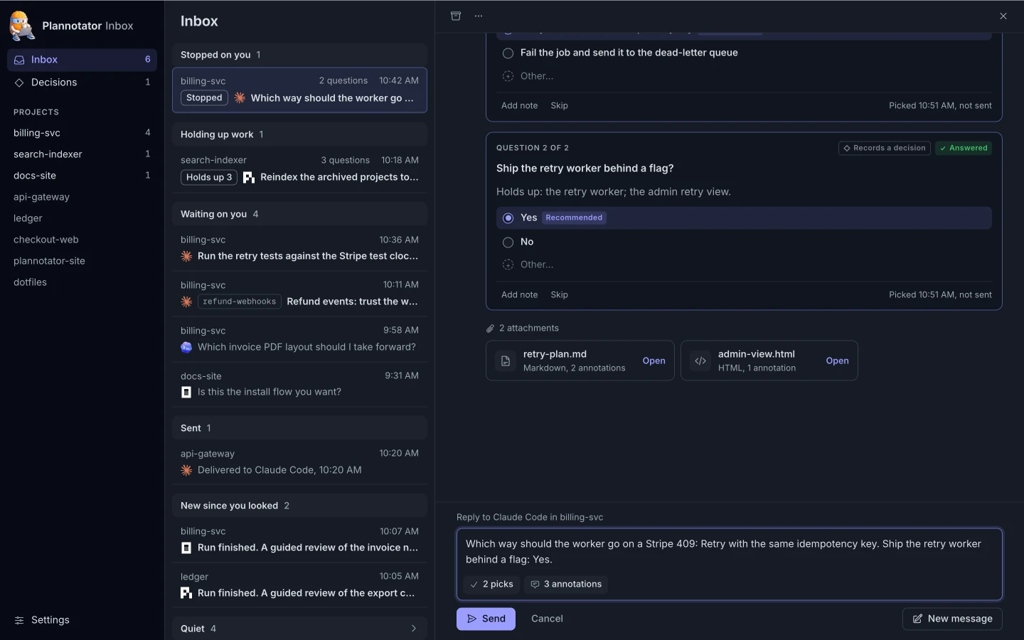 The reply box with two picks and three annotations ready to send