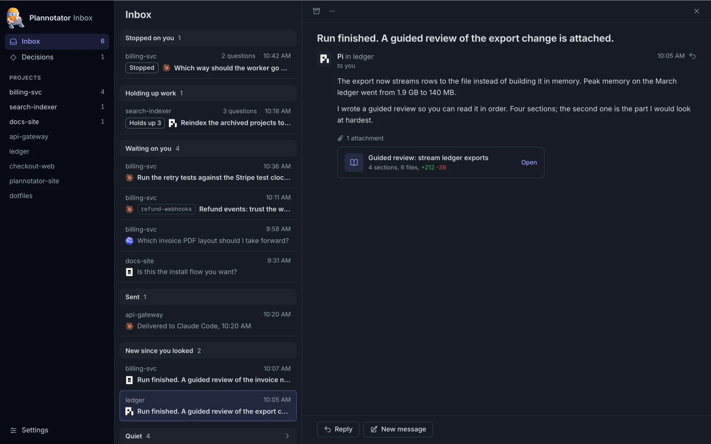 A guided review arriving in a thread from Pi