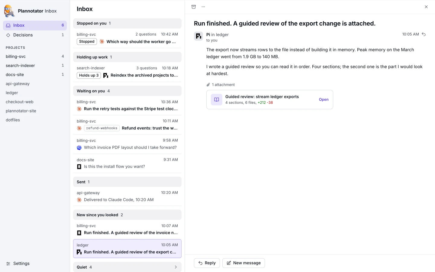 A guided review arriving in a thread from Pi
