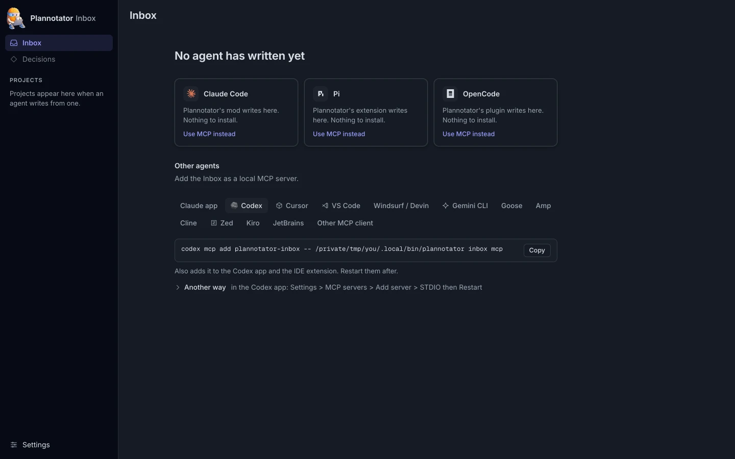 The first run screen with the three Plannotator connections and a picker for any other agent