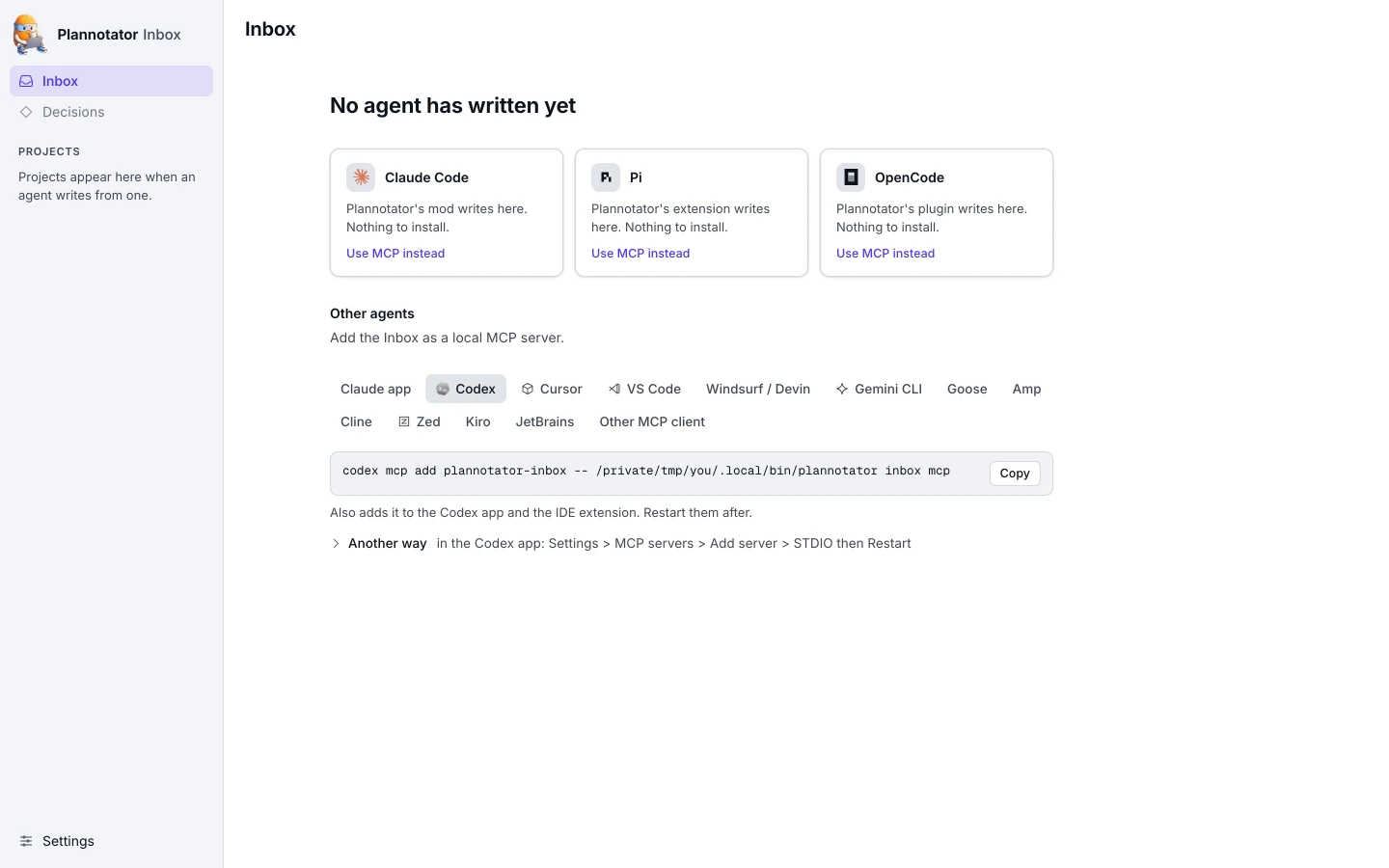 The first run screen with the three Plannotator connections and a picker for any other agent