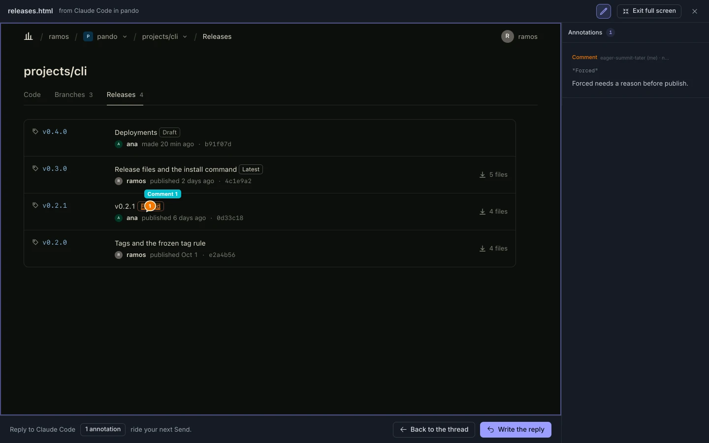 A releases page prototype built by an agent