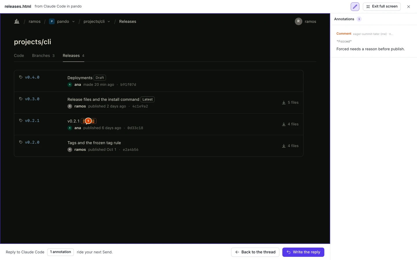 The releases prototype open full screen in the Inbox with one comment pinned on the Forced badge