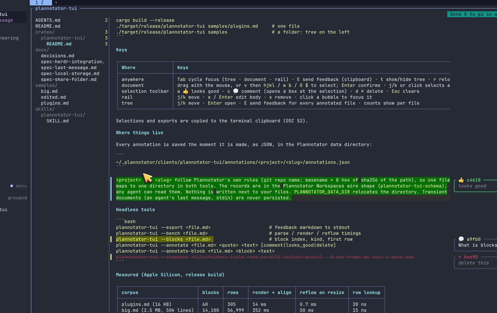 Plannotator TUI inside Herdr: a Markdown document with a green looks-good highlight, a yellow comment highlight and a red struck-through line, each with its bubble in the rail on the right, and a Send button in the header.