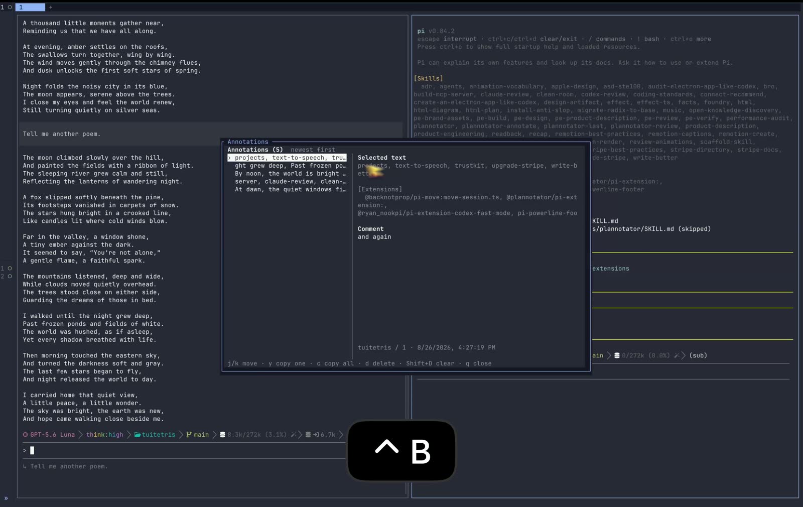 The Lite annotations popover over a pi session, listing five annotations with the selected text and comment on the right.
